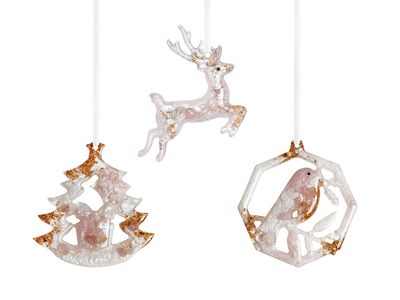 Елочные игрушки ( Снегирь+ Олень+ Ель) Розовый кварц