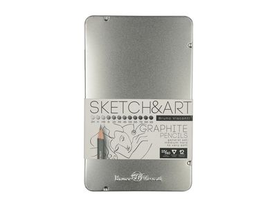 Набор чернографитовых карандашей  "Sketch & Art" ,12 шт. 2h-9b, металлическая коробка с ложементом