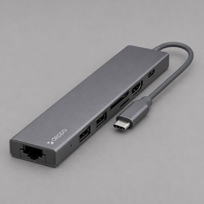 USB Type-C хаб 7-в-1, HDMI, Power Delivery, 2xUSB 3.0, RJ45, microSD/SD, графит, Deppa