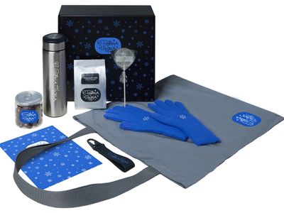 Подарочный набор с перчатками, термосом и чаем, синий