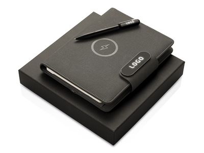 Подарочный набор металлическая ручка и блокнот А5 "Twilight"  со светящимся логотипом и пауэрбэнком