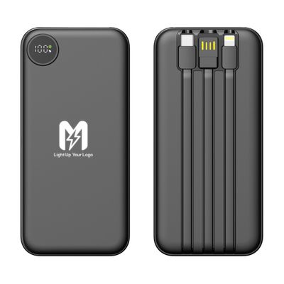 Зарядное устройство "Форт" 10000 mAh с подсветкой логотипа, встроенными кабелями и цифровым индикатором заряда, черный